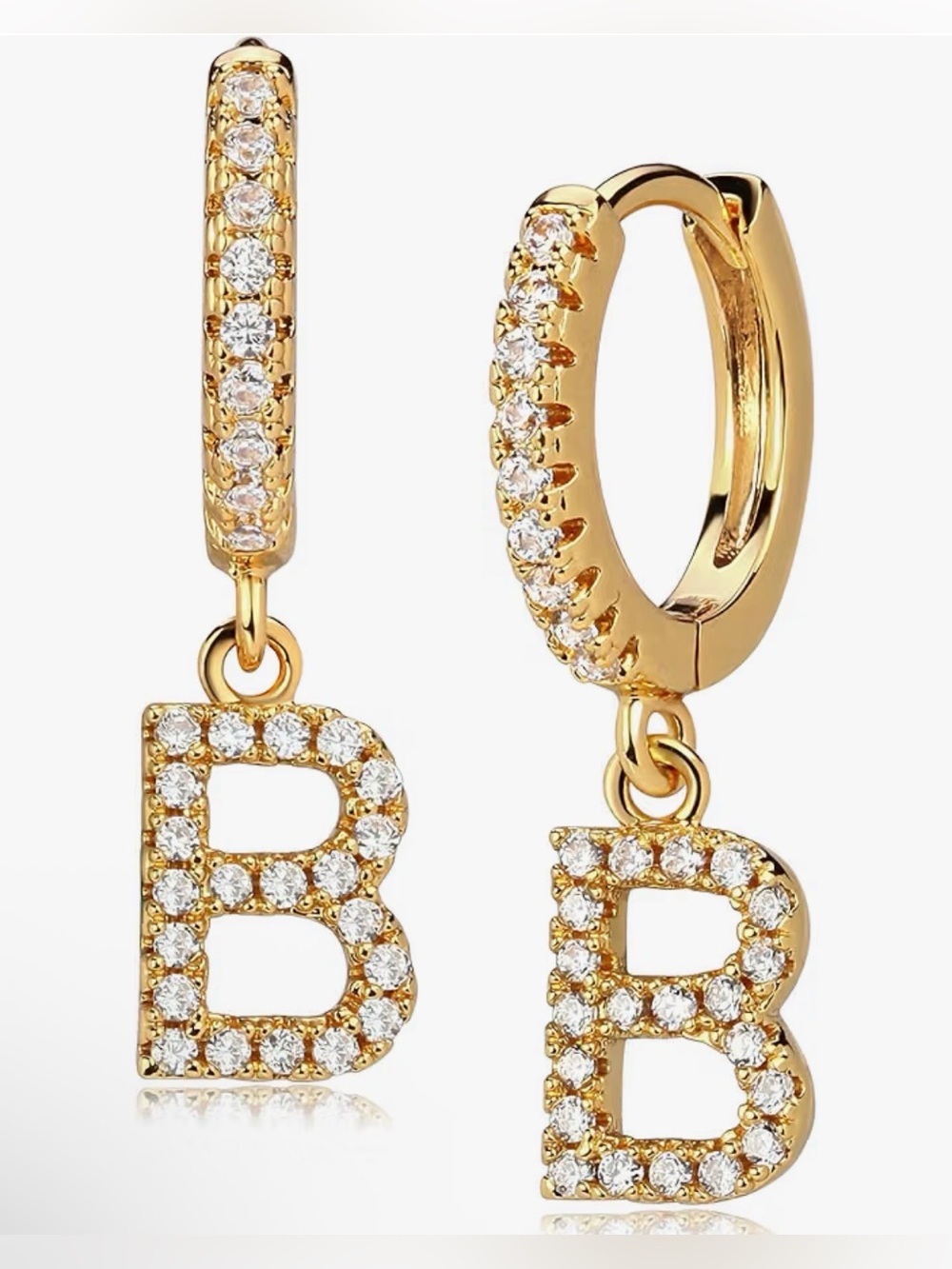 Gold Crystal Letter B Huggie Earrings - Personalized Charm